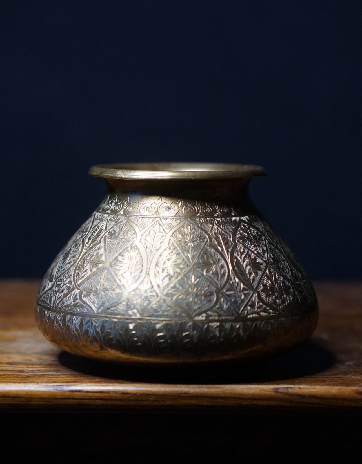 Antique Indian Brass Holy Water Pot Engraved Vessel 13x18cm