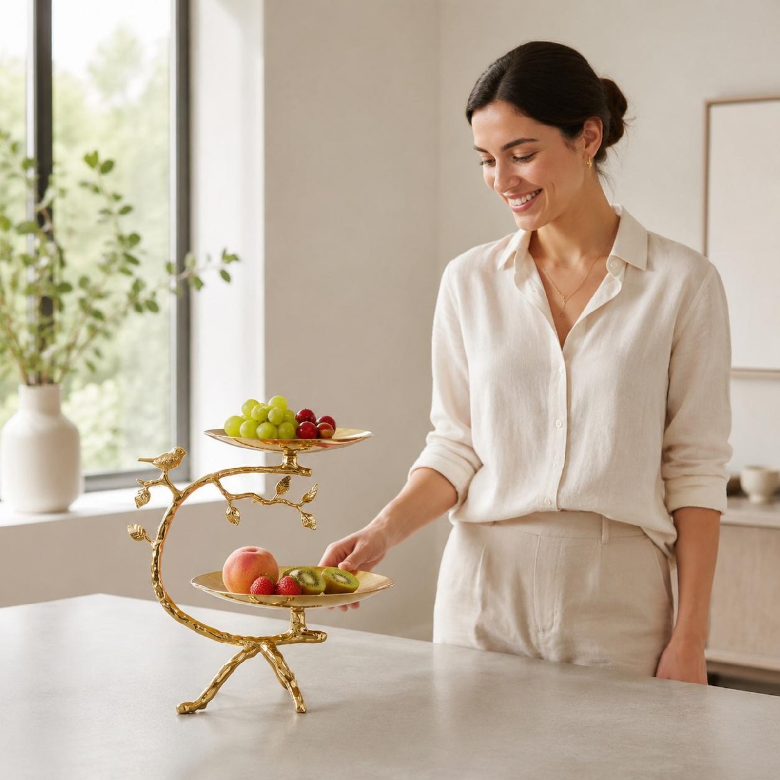 Double Tier Fruit Tray Electroplated Home Decor Modern Design for Living Room