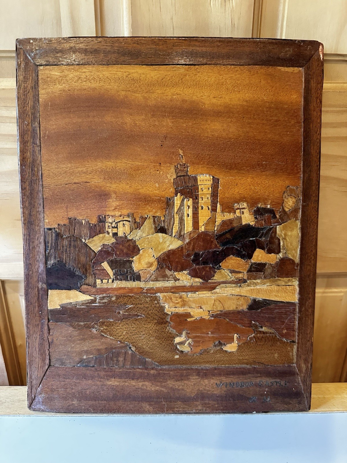 Antique MARQUETRY Wood Inlay WINDSOR CASTLE UK Handmade Wall Hanging Signed R.K.
