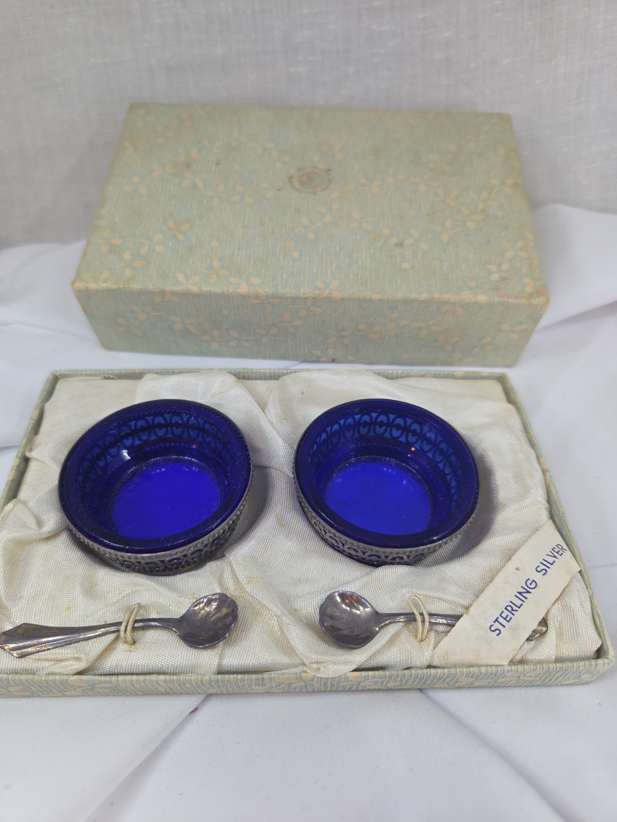 Antique Webster Sterling Silver Salt Cellars Cobalt Blue Glass Liners and Spoons