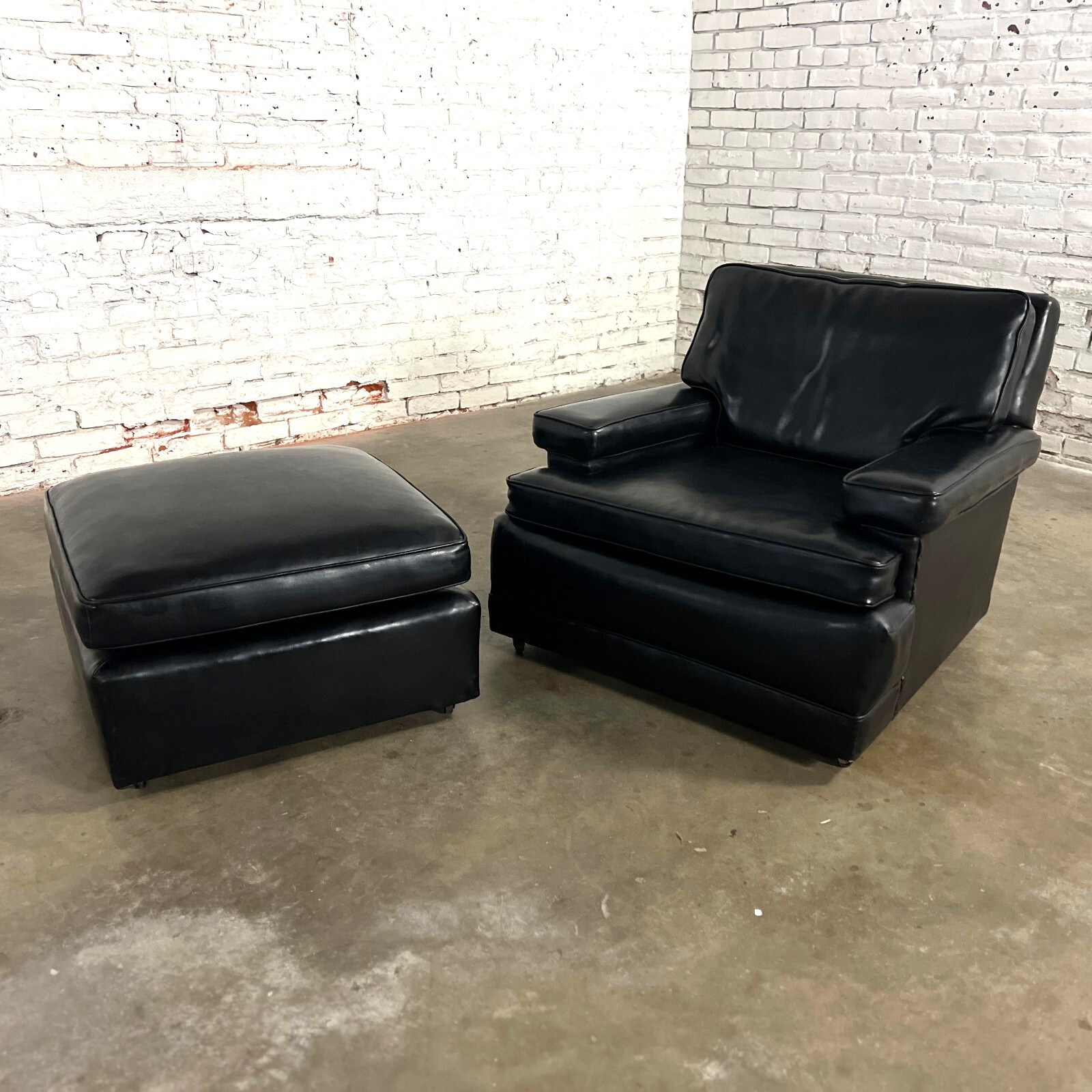 Vintage Art Deco to MCM Black Faux Leather Club Chair & Ottoman w/ Casters