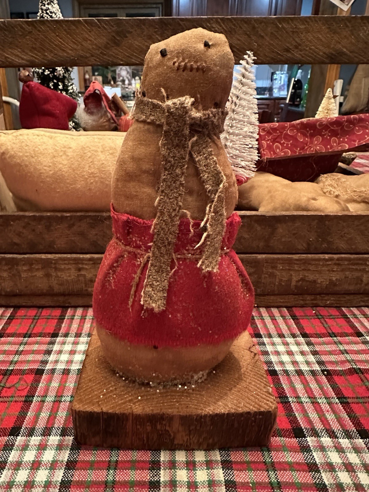 Primitive Folk Art Snowman Doll On Wood Base 8.5” Tall Handmade