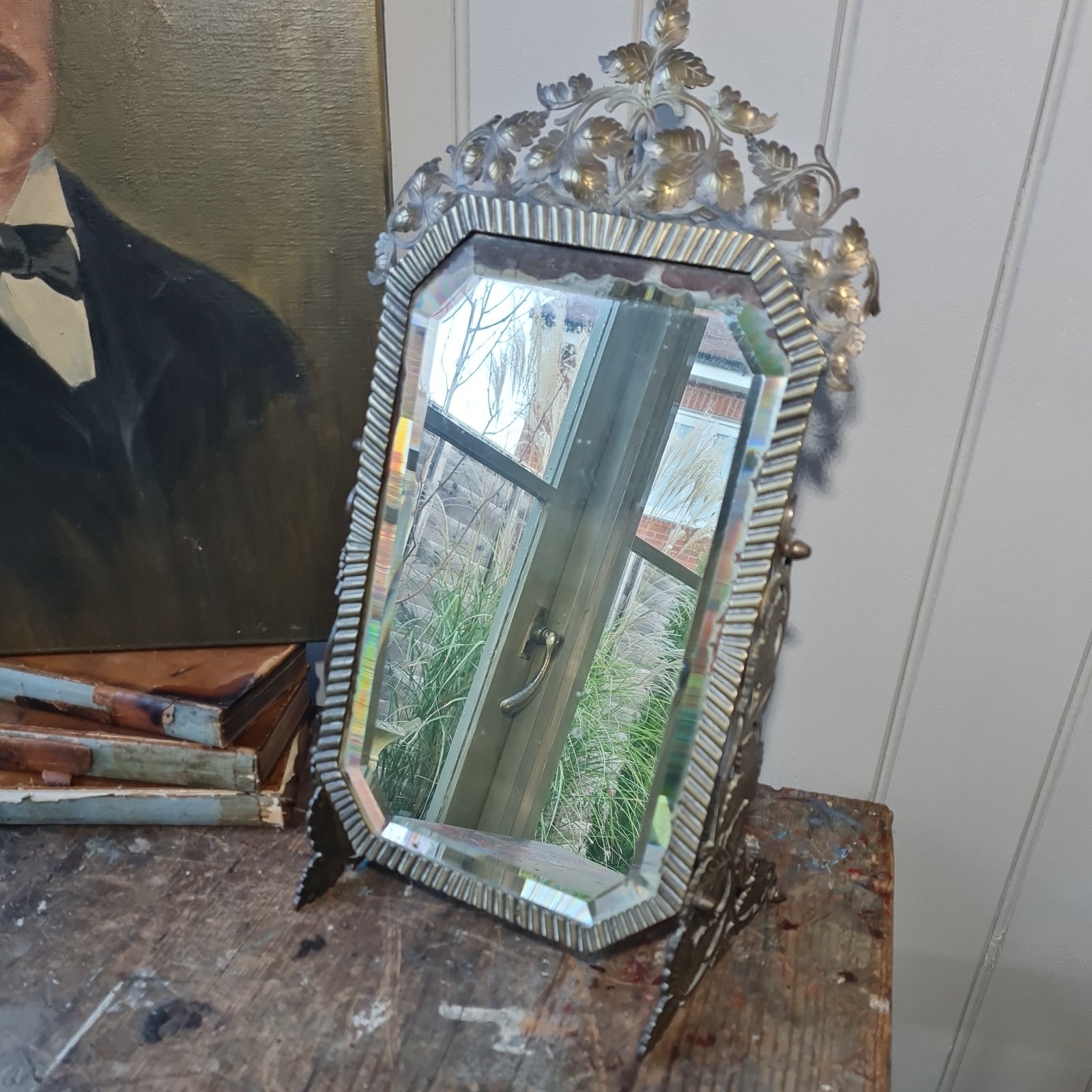 19th Century Antique Brass table Vanity Mirror bevelled edge foxed plate