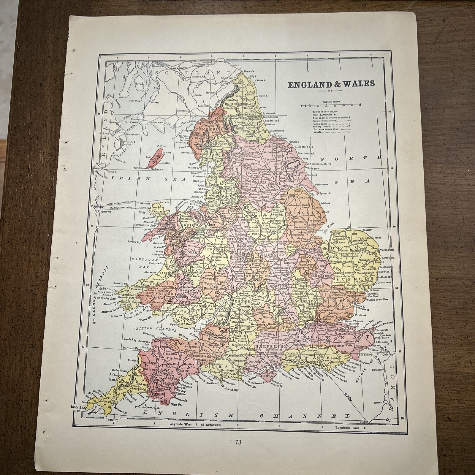 Antique 1908 Colorful Map Of England And Wales 13.5 x 10.5 Inches