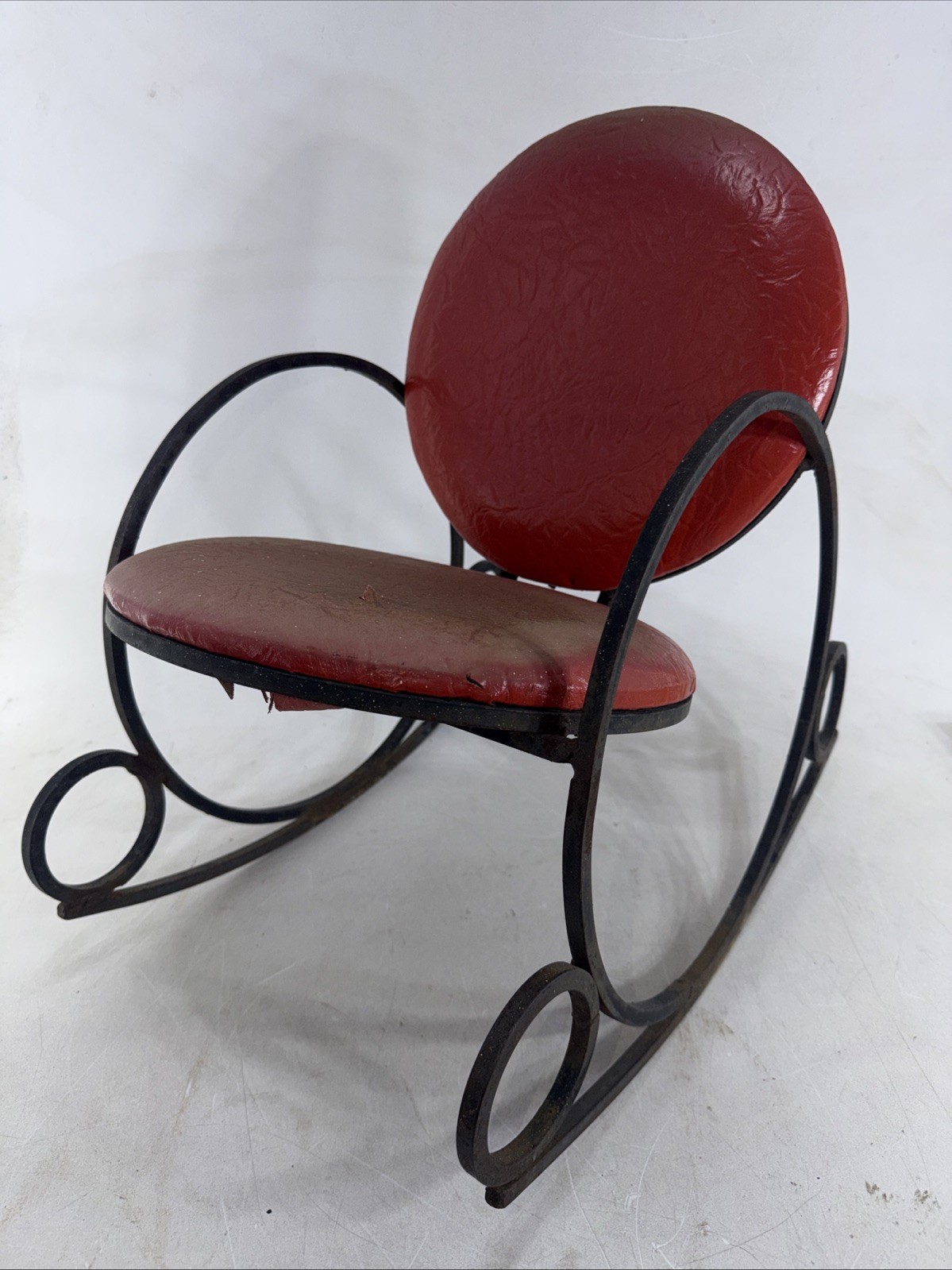 Antique 1940’s Ring a Rock Pressed Steel Metal Childs Rocking Chair Orange