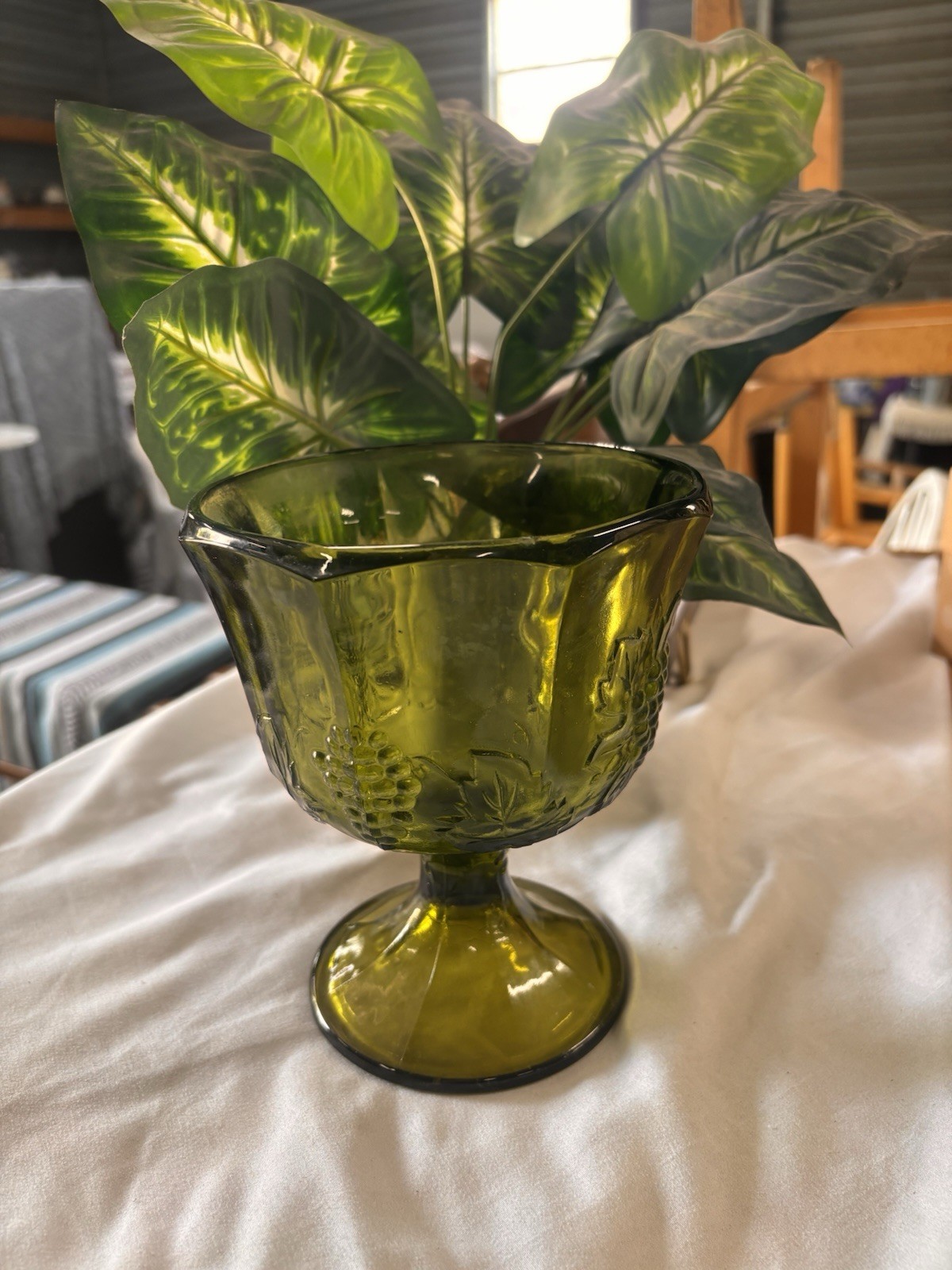 Green Indiana Glass ‘Harvest’ Pattern Compote With Grape Leaf Motive Avocado