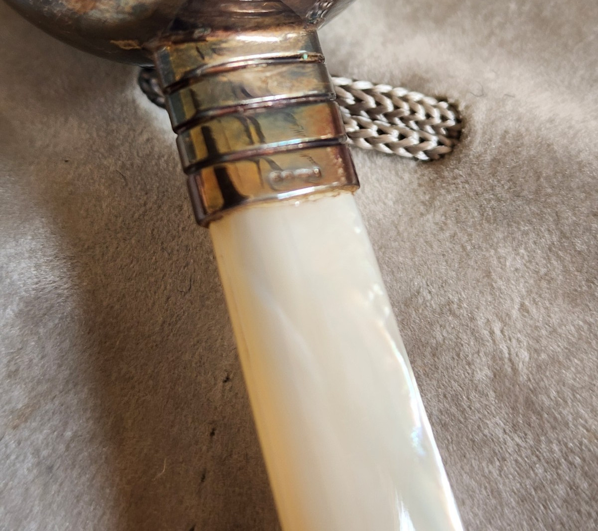 NEIMAN MARCUS STERLING BABY RATTLE W/ MOTHER OF PEARL HANDLE-USA SHIPPING ONLY!
