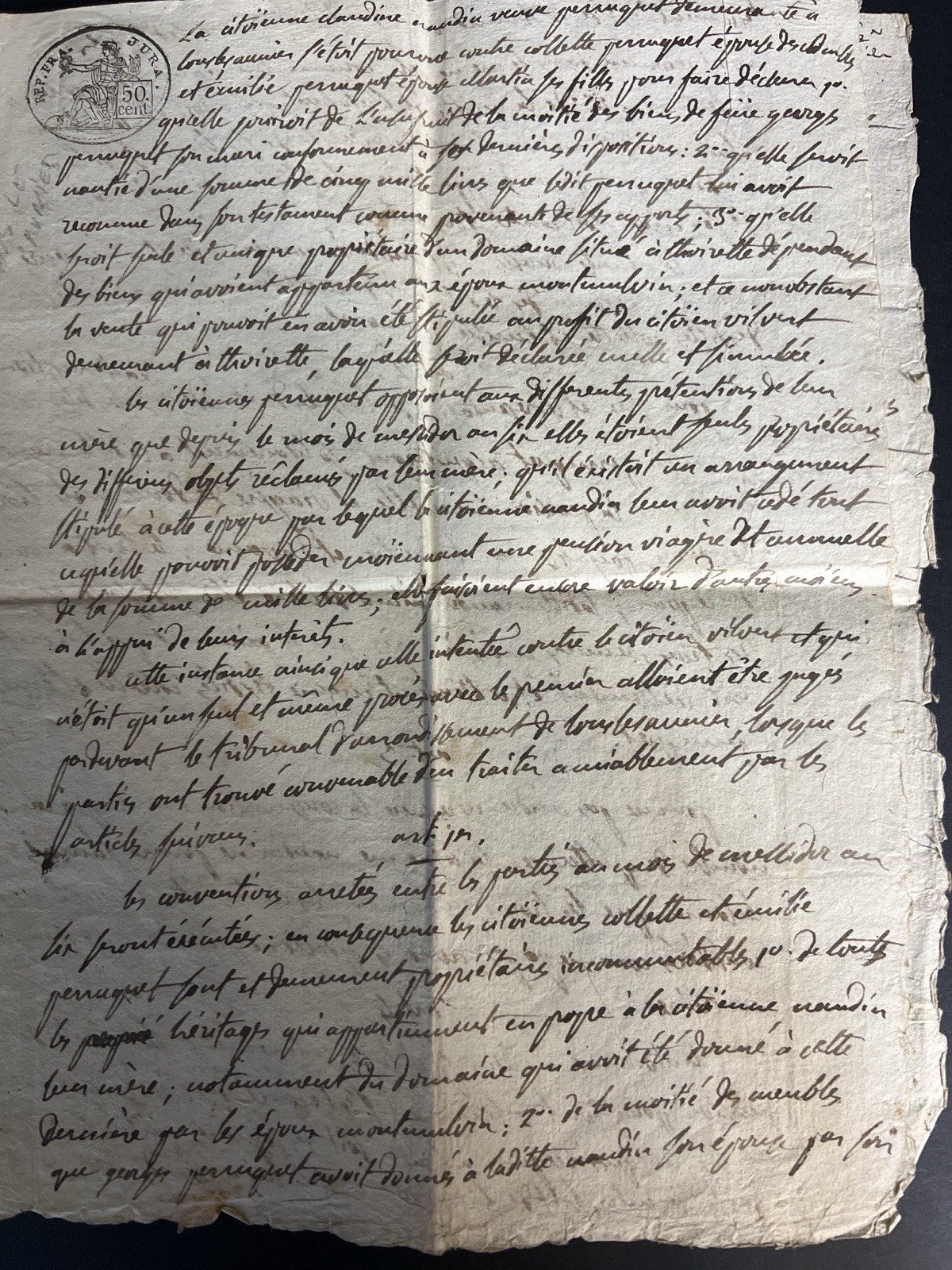 French Revolution Era Manuscript Document 50c REP FR Stamp Antique Legal Paper