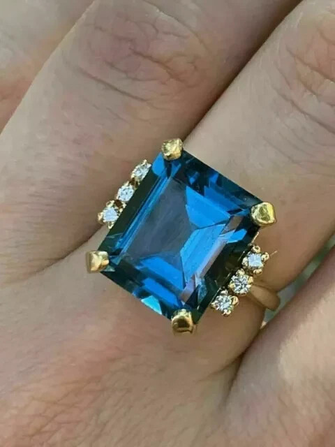 14k Yellow Gold Finish 4.00Ct Emerald Lab Created London Blue Topaz Wedding Ring