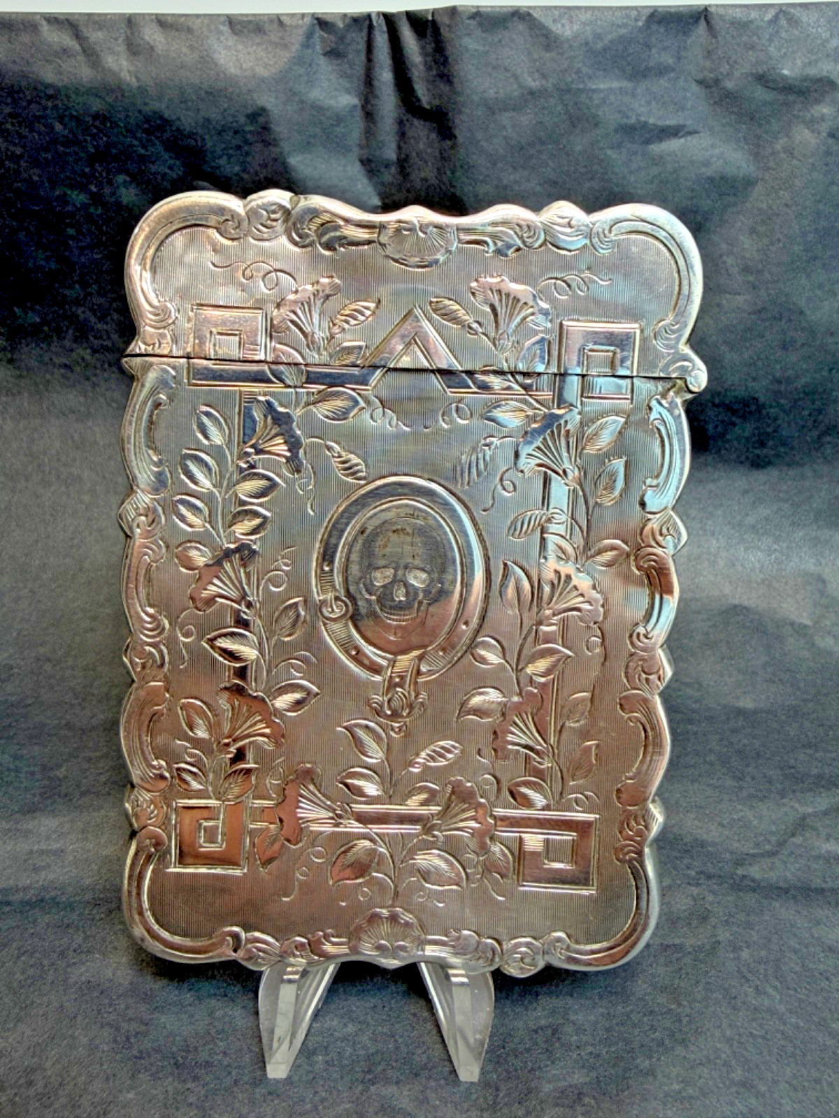 1869 Victorian Memento Mori Skull Pocket Business Card Case Box Engraving Vine