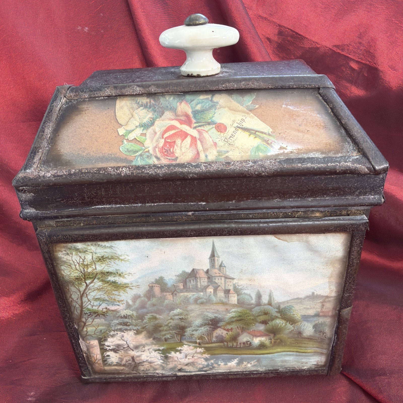 Antique Victorian Tin Tea Caddy with a Decoupage front 8 D X13 WX16 H Cms