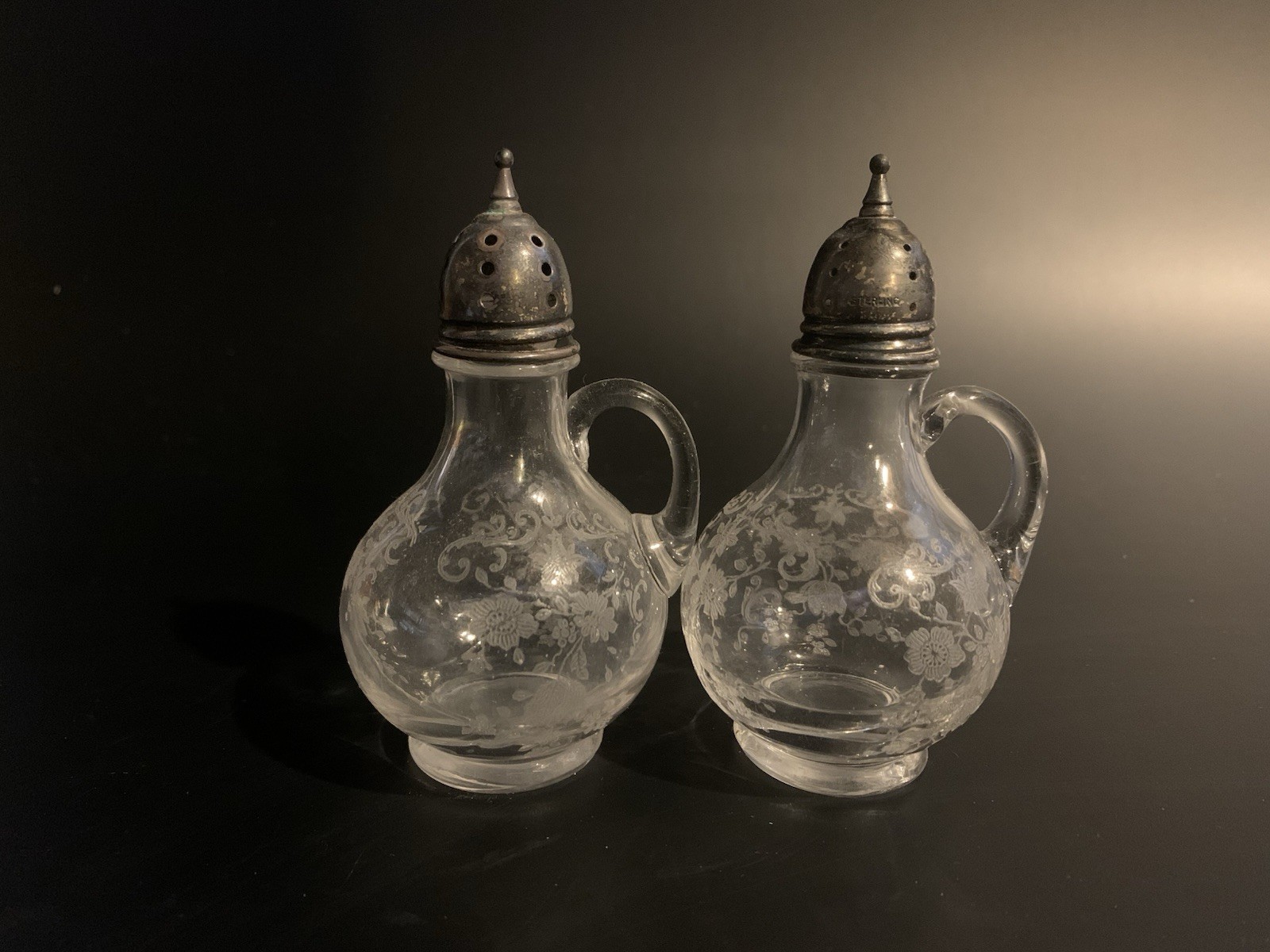 Vintage Chantilly Cambridge & Etched Glass Salt and Pepper Shakers Ornate