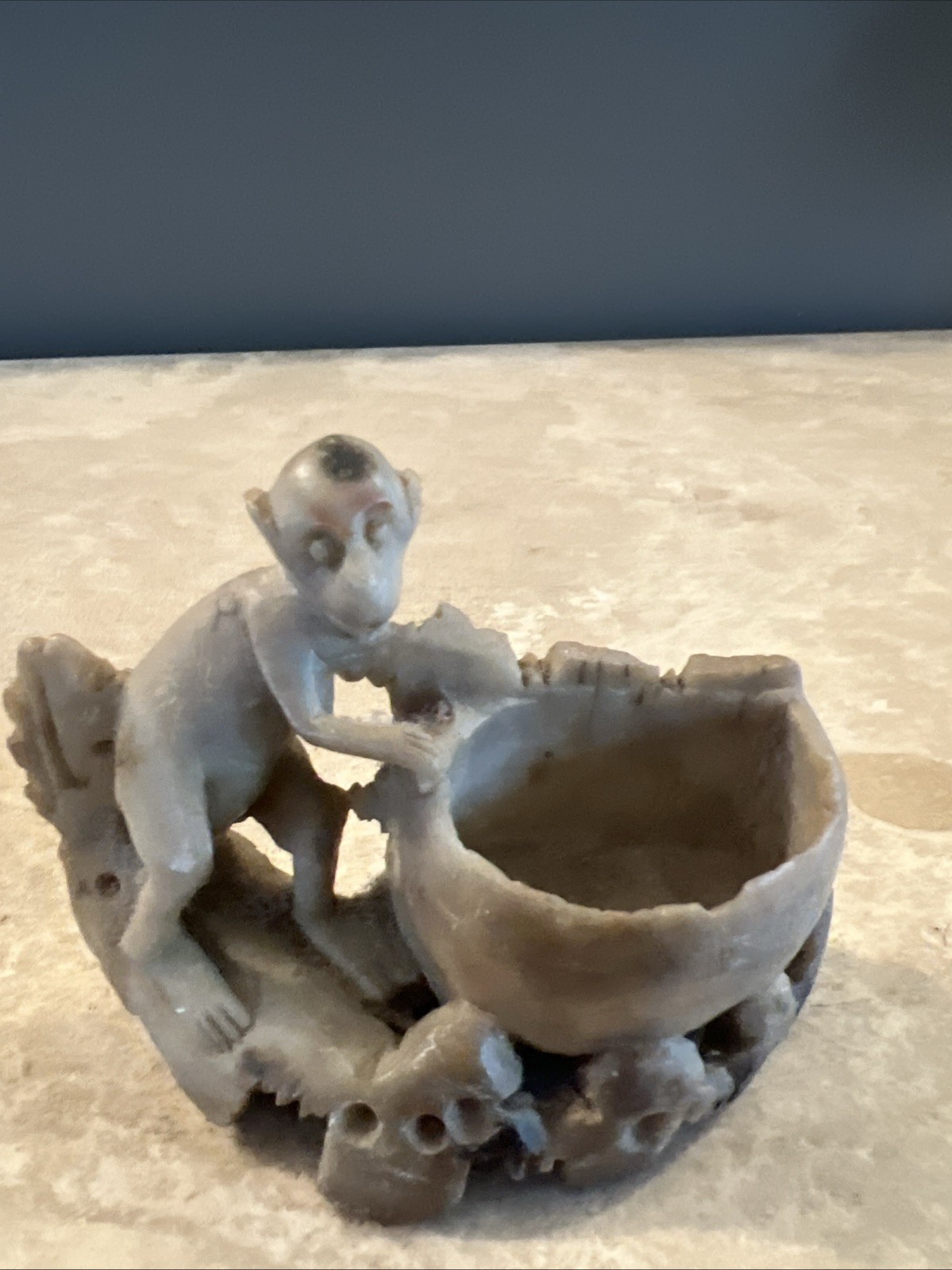 ANTIQUE EARLY 1900’s CHINESE HANDCARVED SOAPSTONE MONKEY BRUSH POT