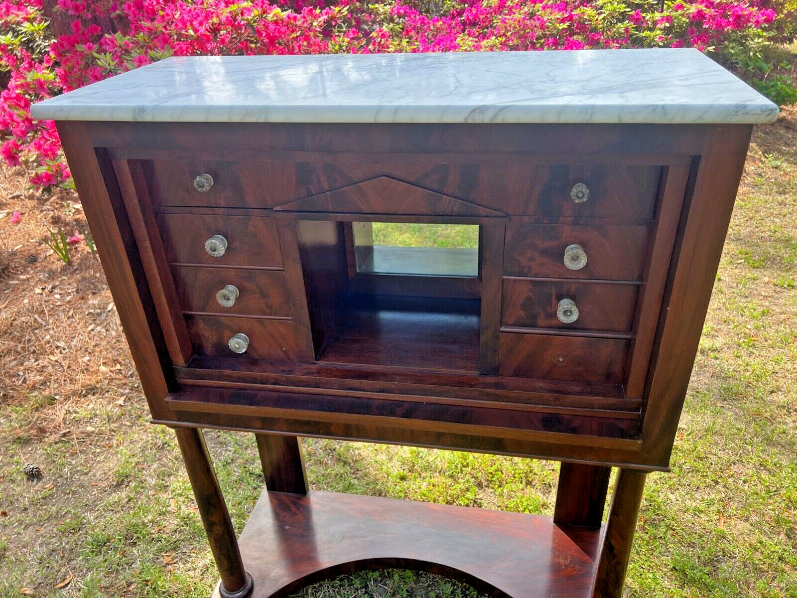 ANTIQUE MAHOGANY MARBLE TOP CABINET CHEST DRAWERS PILASTERS MIRROR ALCOVE DESK