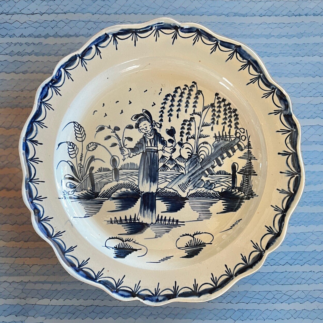 Rare Antique English “China Glaze” Pearlware Long Eliza In Garden Plate, C 1780