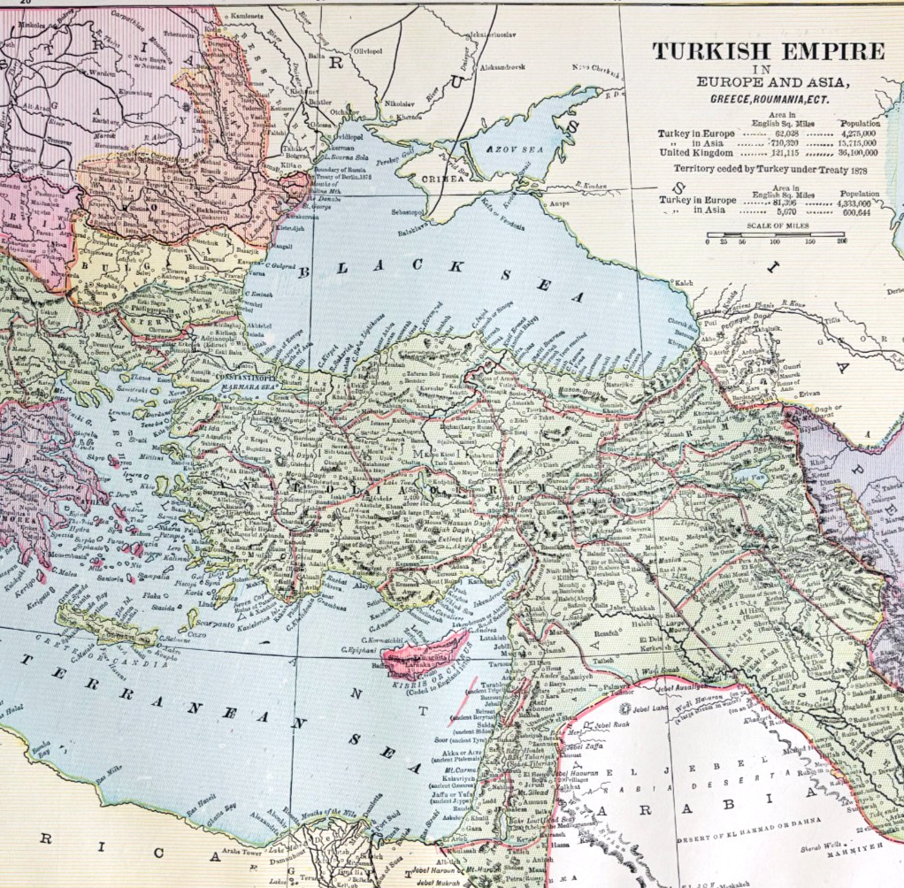 1895 Turkish Empire Map Antique Victorian Geography History Europe Asia DWYY10C