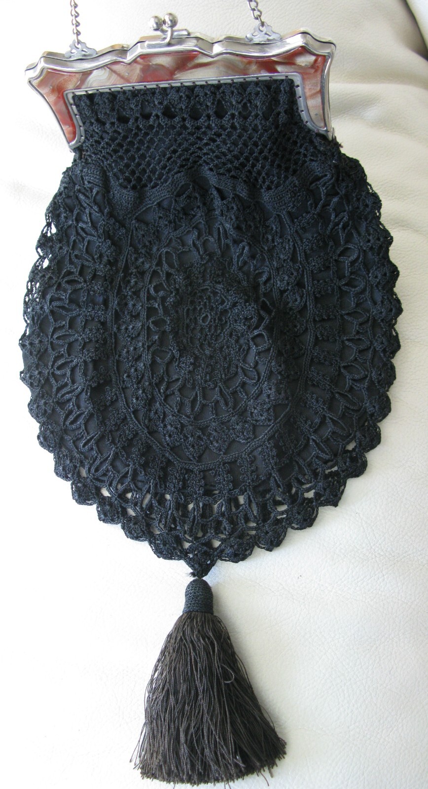 Antique Silver Lucite Marble Frame Black Crochet Tassel Large Purse