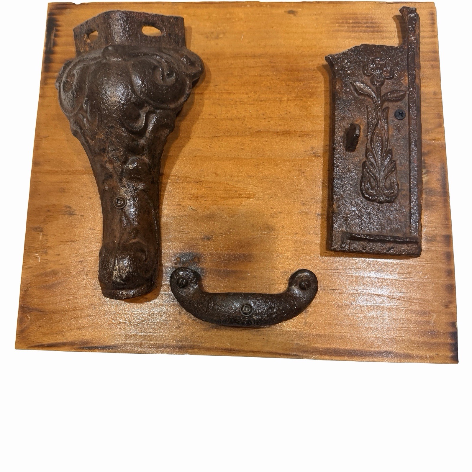 Antique Ornate Cast Iron Salvage Pieces Handmade Wood Display One of a Kind OOAK