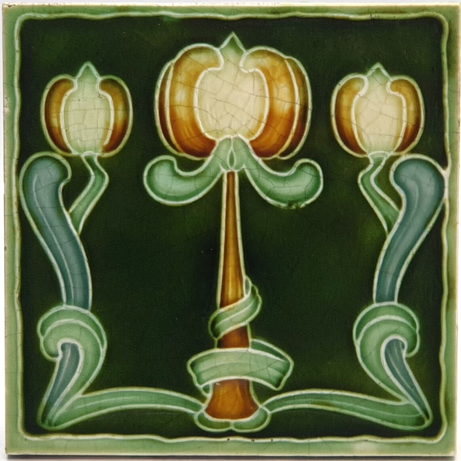 Art Nouveau Majolica Tile Green Triple Tulips Henry Richards Tile Co C1905 AE3