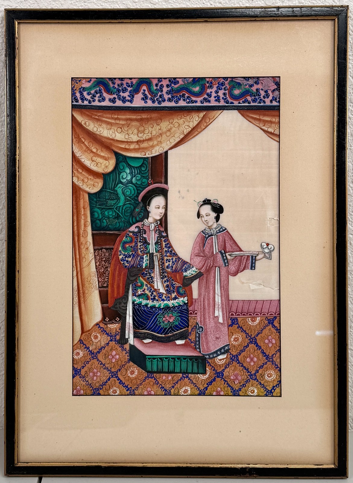 Antique Chinese Qing Dynasty Pith Painting Court Empress Woman Dragon Robe 19thC