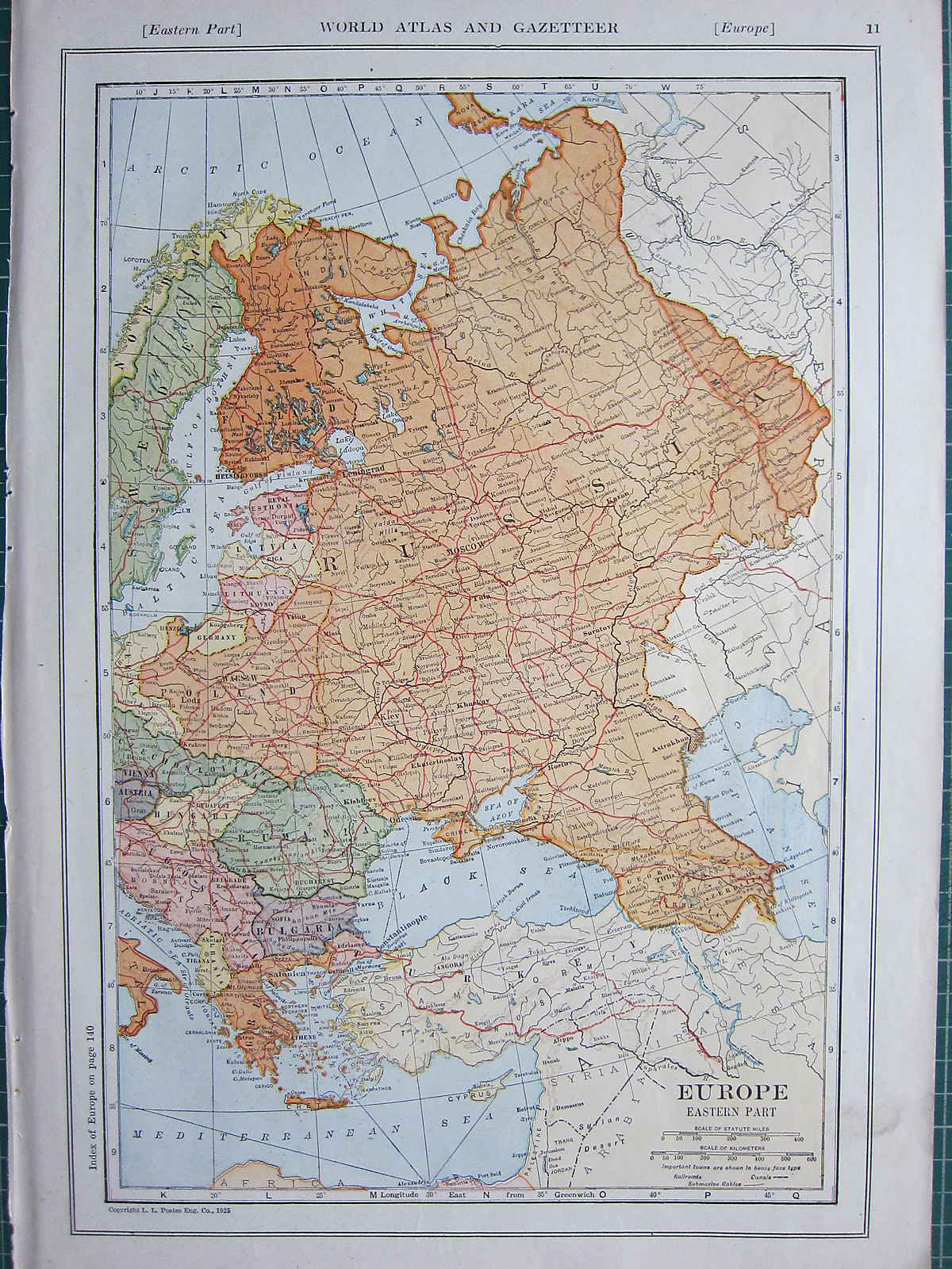 1926 MAP ~ EUROPE EASTERN PART RUSSIA FINLAND POLAND BULGARIA RUMANIA