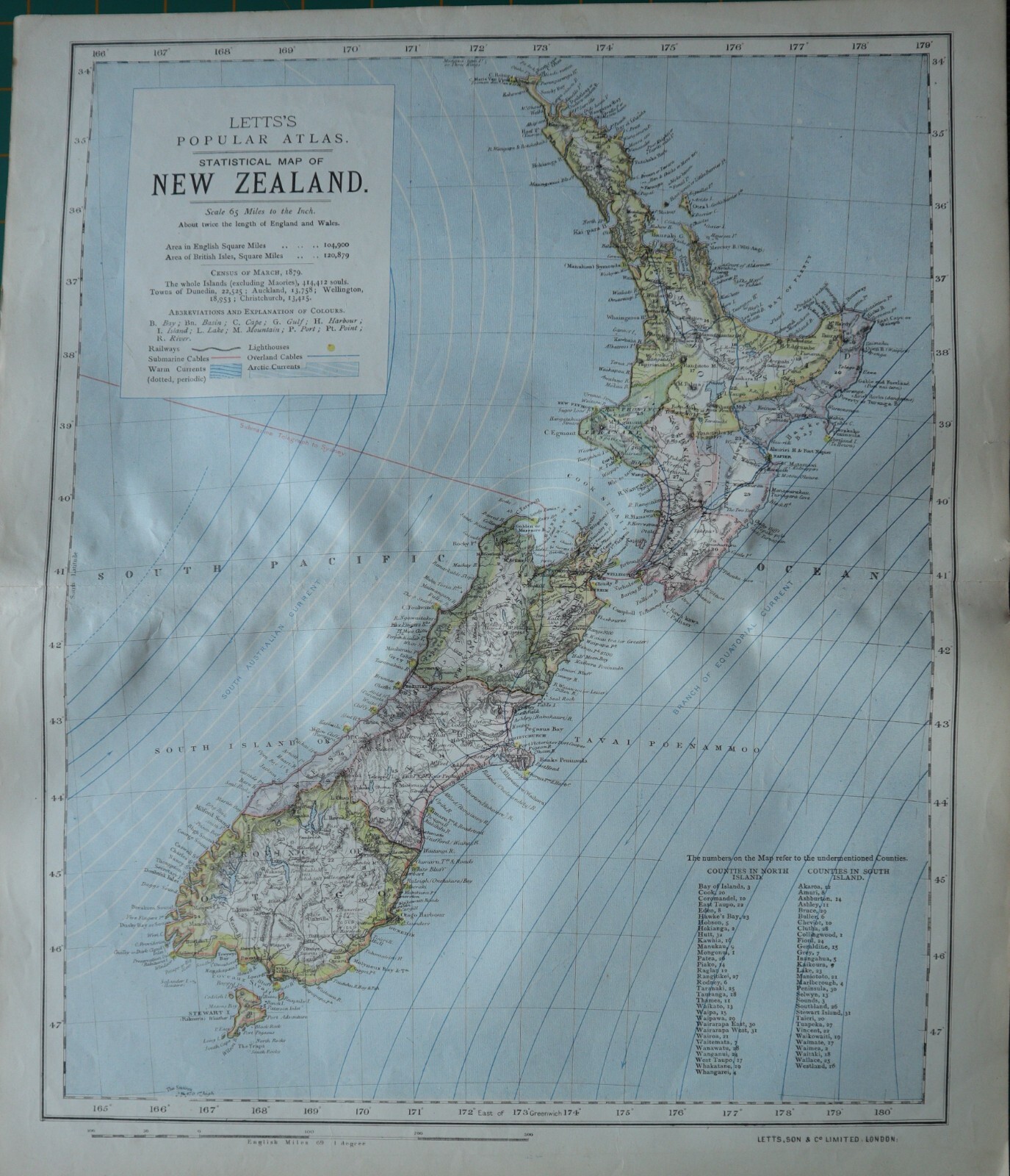 1883 LETTS MAP NEW ZEALAND NORTH & SOUTH ISLANDS HUTT COOK WALLACE NAPIER