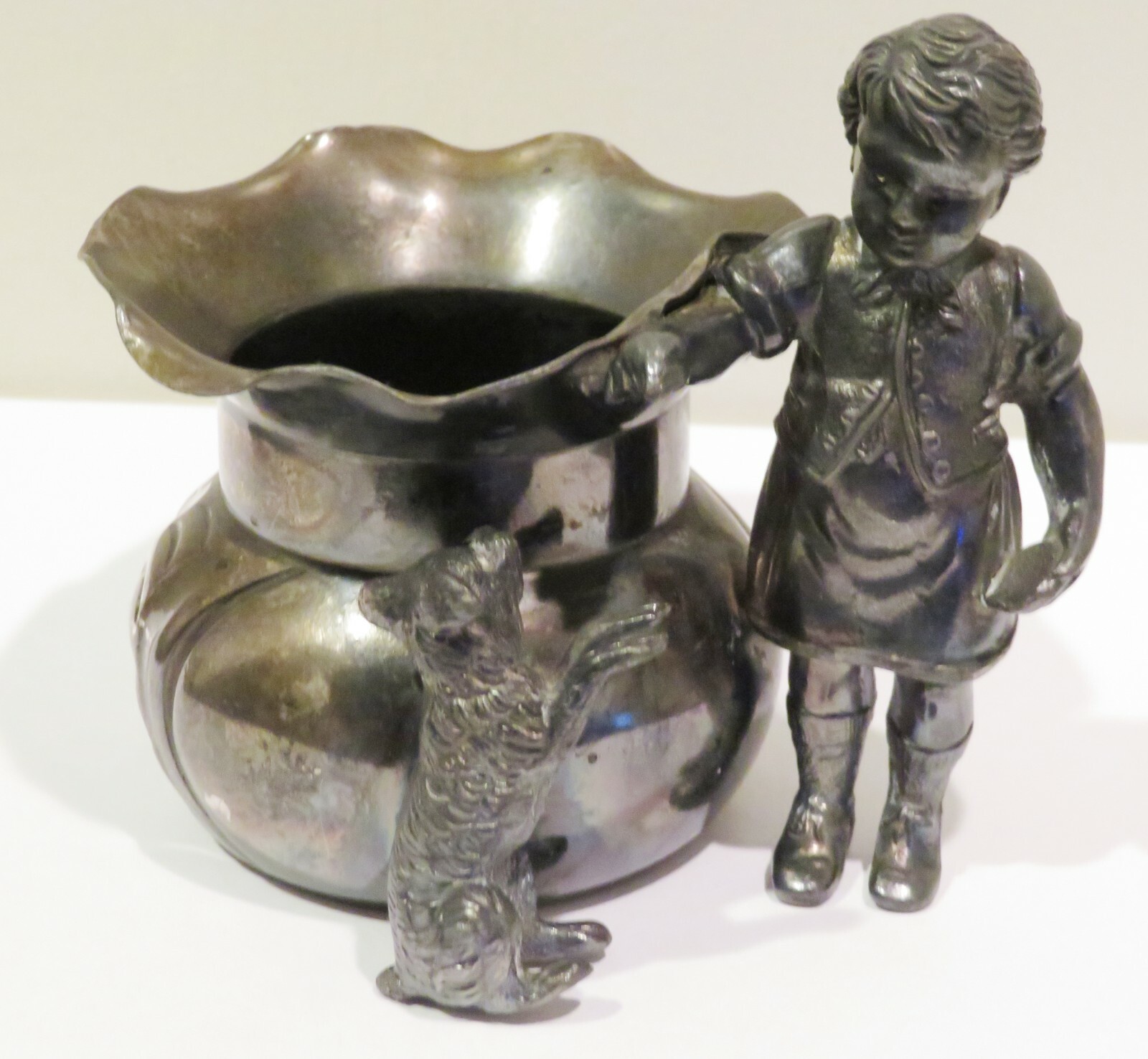 Meriden Quadruple Figural Silver Plate Toothpick / Match Holder Boy & Dog Rare