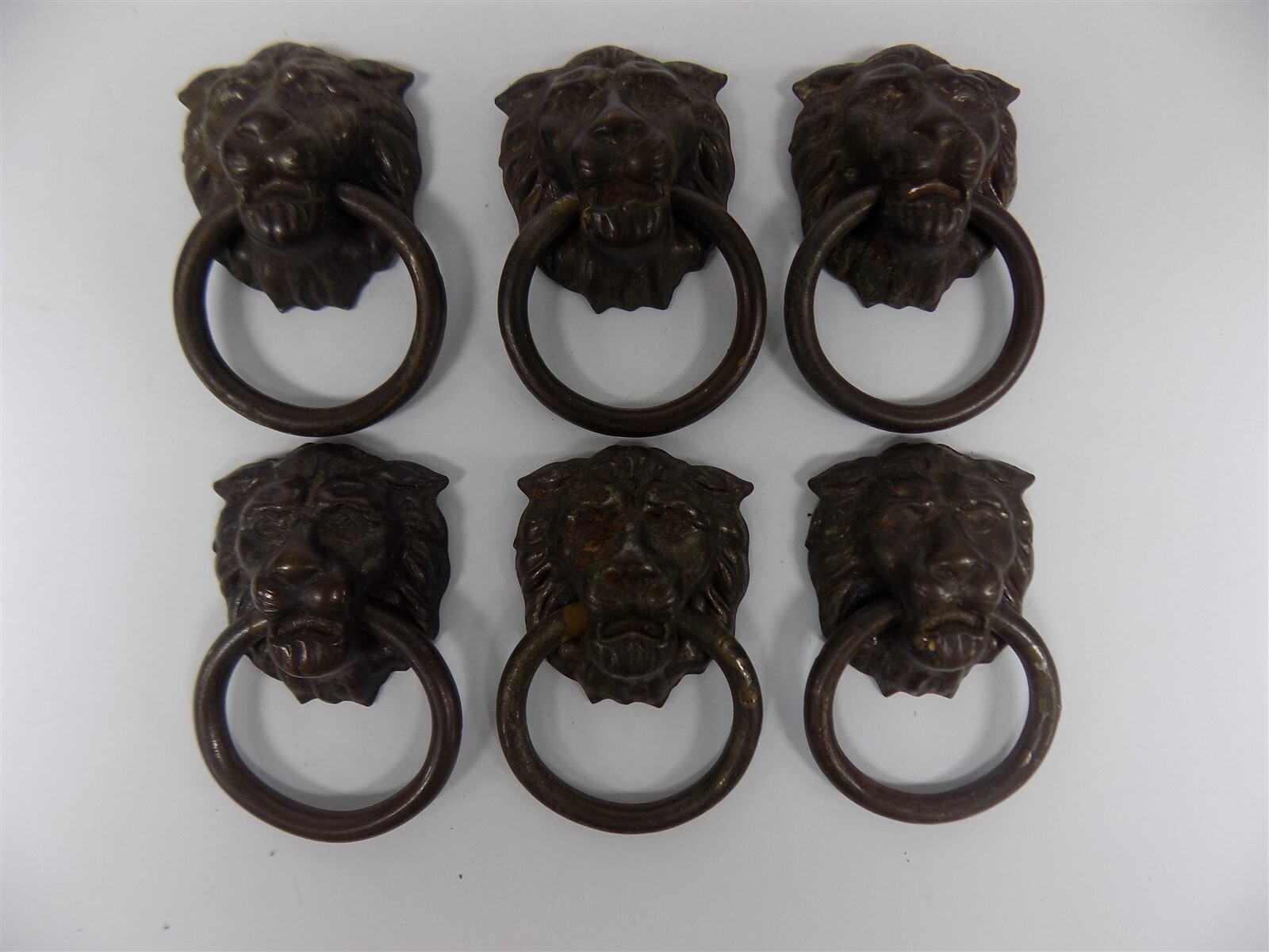 6 Vintage Lions Head Drop Ring Handle Drawer Pulls #13
