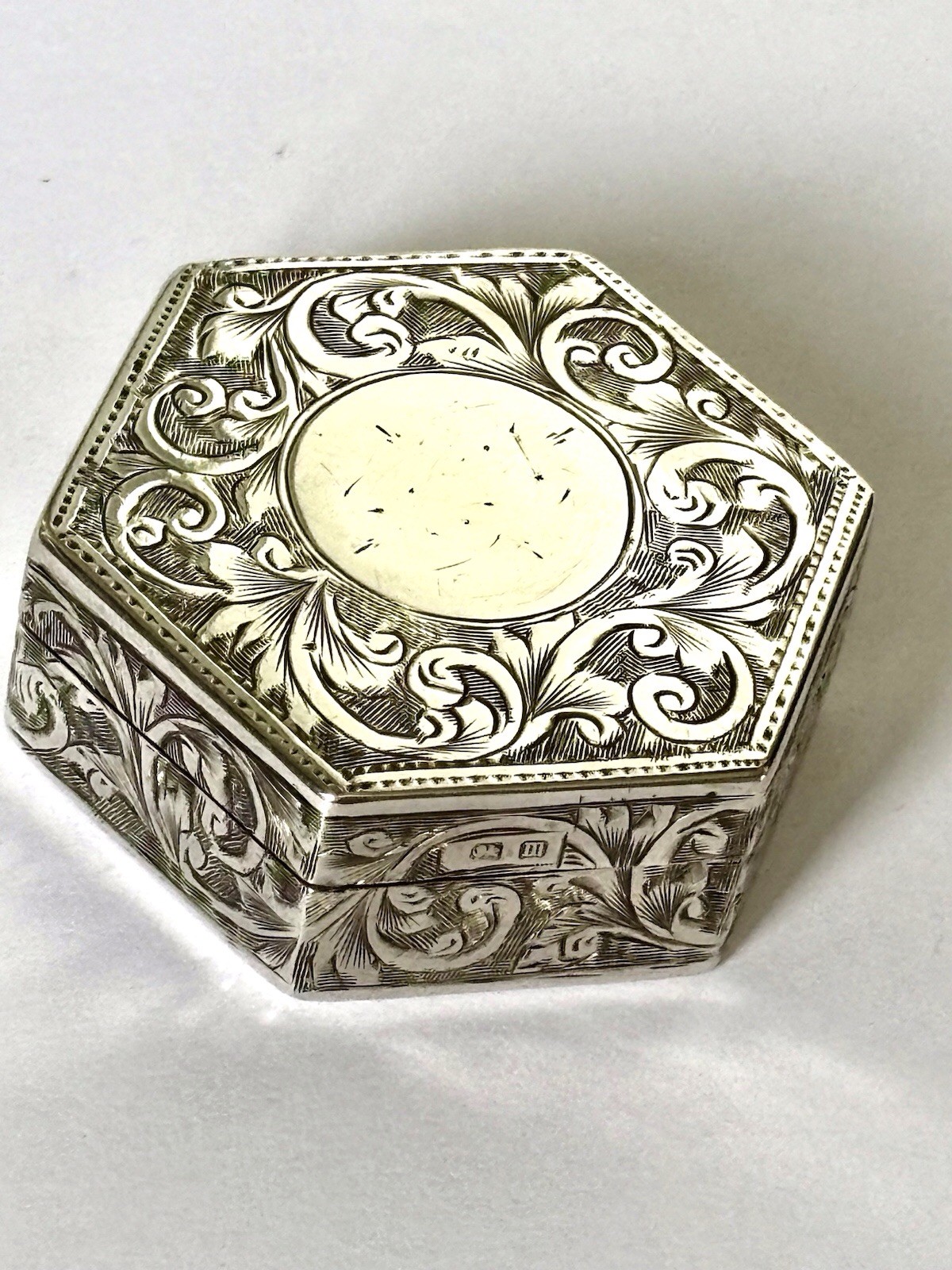 Antique Silver Hexagonal Pill Trinket Ring Box Birmingham 1911 ROLASON BROS