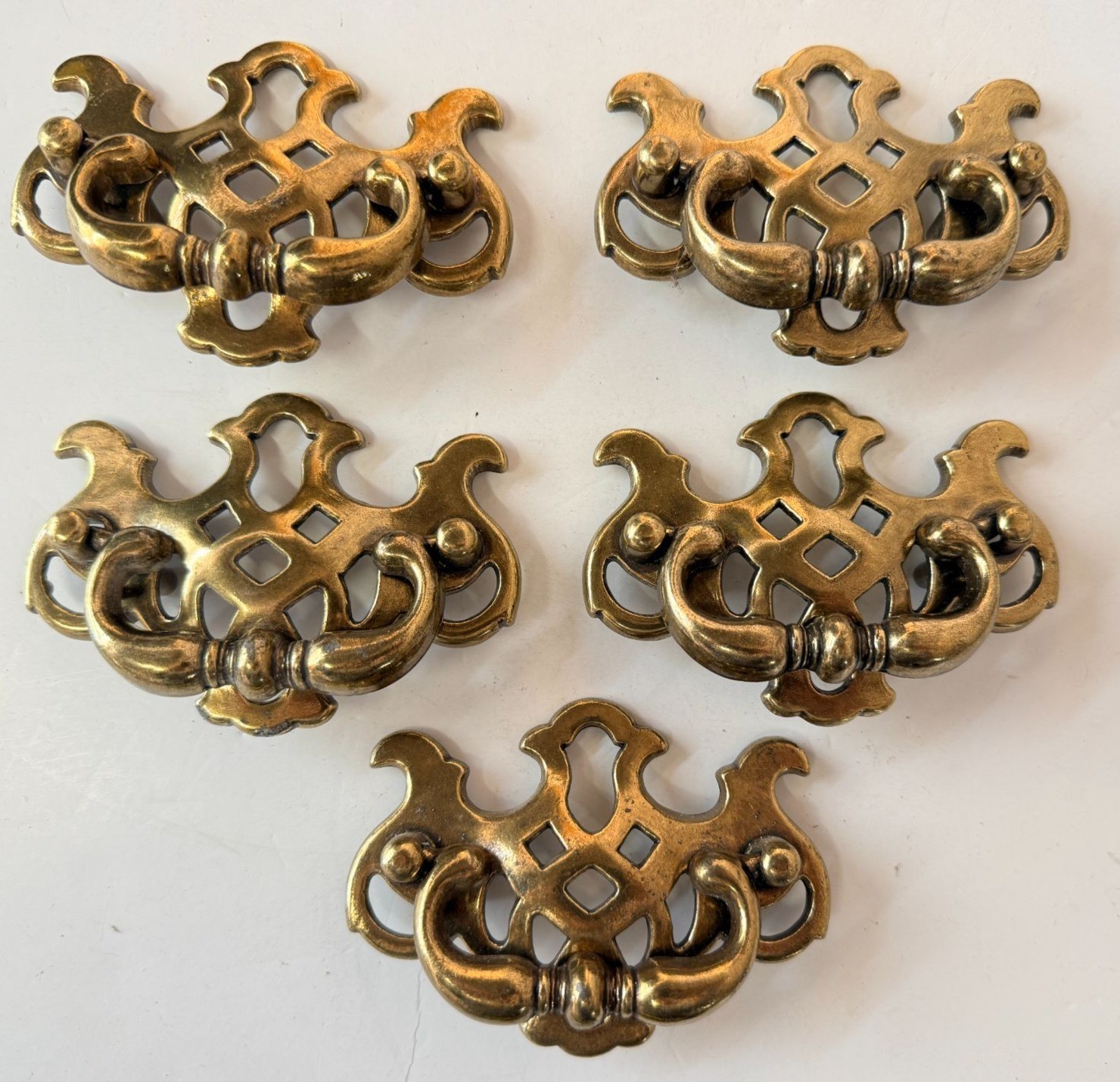 Vintage Antiqued Brass Dresser Drawer Hand Pulls Gold Tone Finish Lot of 5