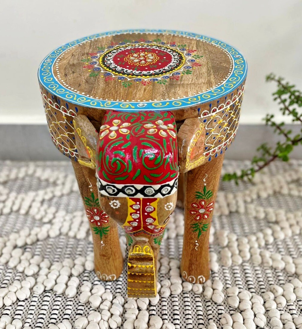 Indian Wooden Hand Painted Elephant Stool Home Decor Stool Kid Stool Small Decor