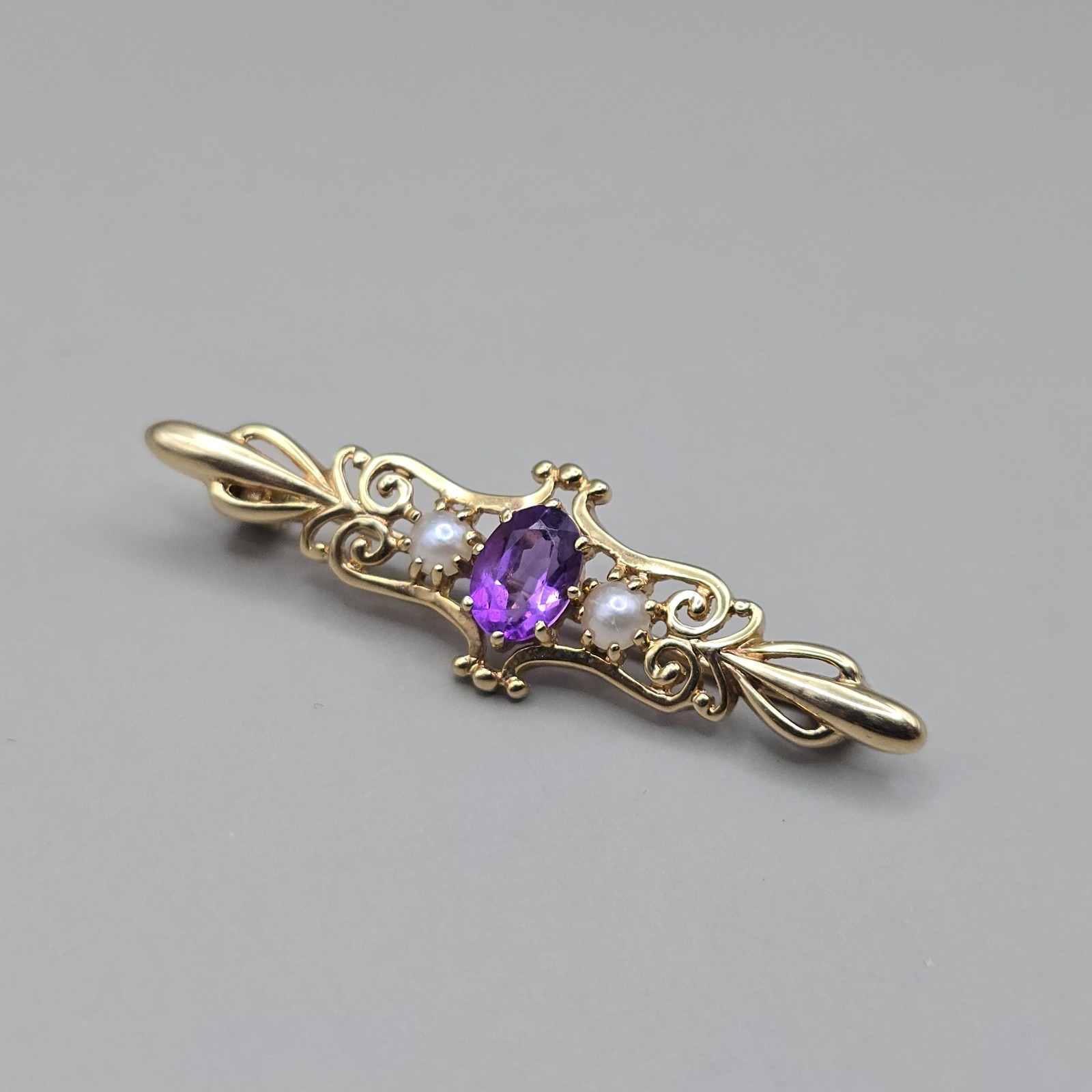 9ct Yellow Gold Amethyst & Seed Pearl Brooch Bar Pin London 1988–1998