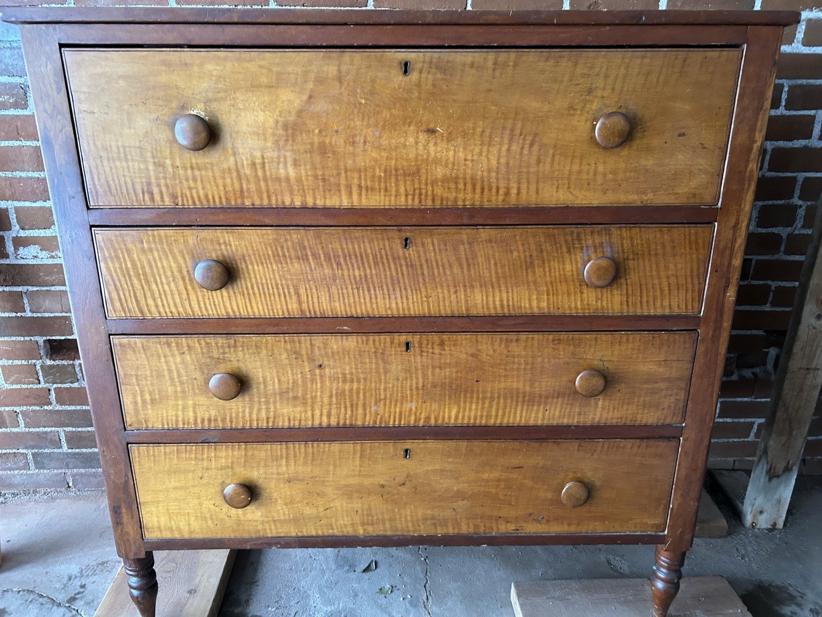 Antique American Tiger Maple Four-Drawer Dresser, Circa 1840-1860