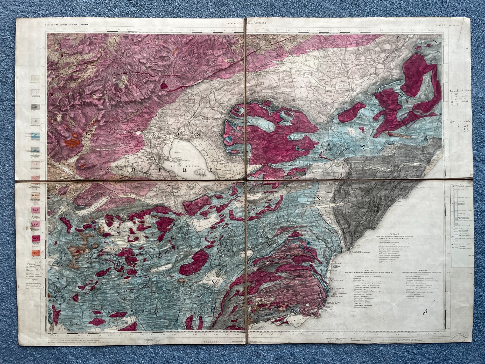 1st Edition (1867) hand-coloured Geological Map Kinross Sheet 40