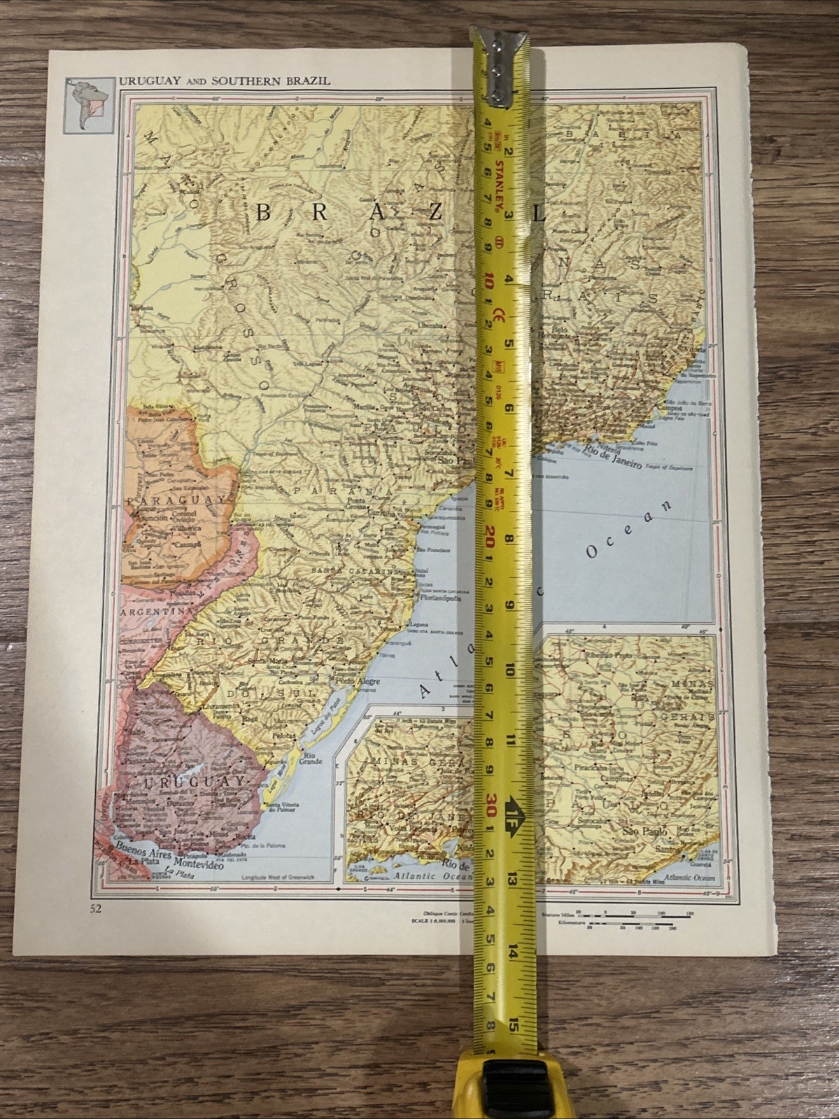 Antique 1951 Multicolor Map Of Uruguay & Southern Brazil 14”x11”