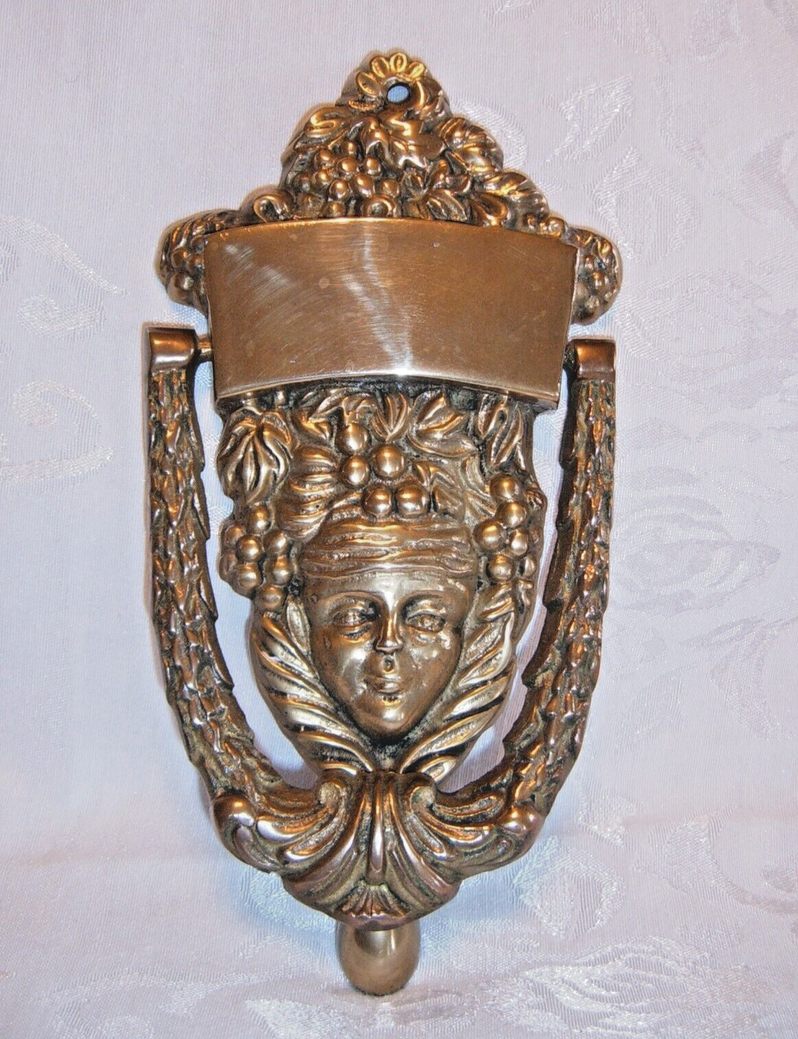 Vintage Brass Woman Door Knocker with Grapes and Grape Vines