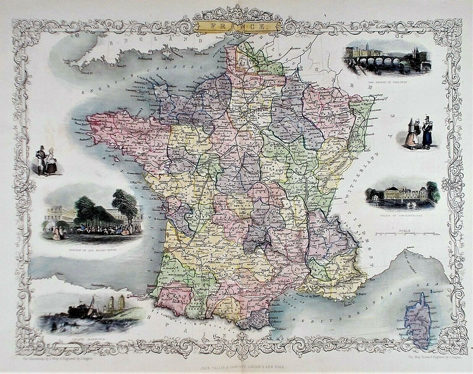 OLD ANTIQUE MAP FRANCE by TALLIS / RAPKIN c1850’s CALAIS PALAIS ROYAL VIEWS
