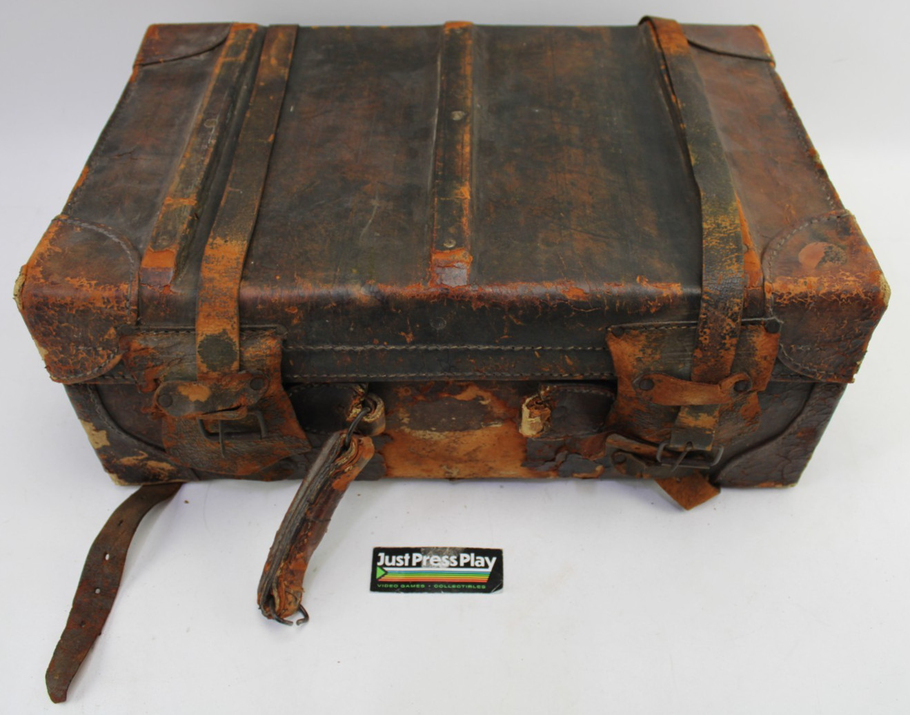 Antique Leather Large Stagecoach Trunk Suitcase Lock Straps 19.5″x13″x8″