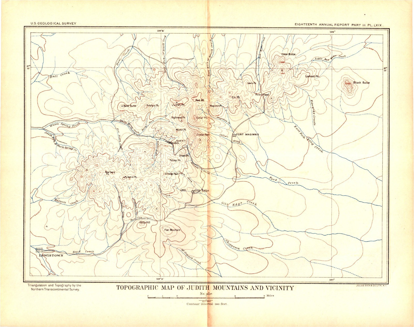 1898 Antique USGS Topographic Map – Judith Mountains Montana – Terrain Study