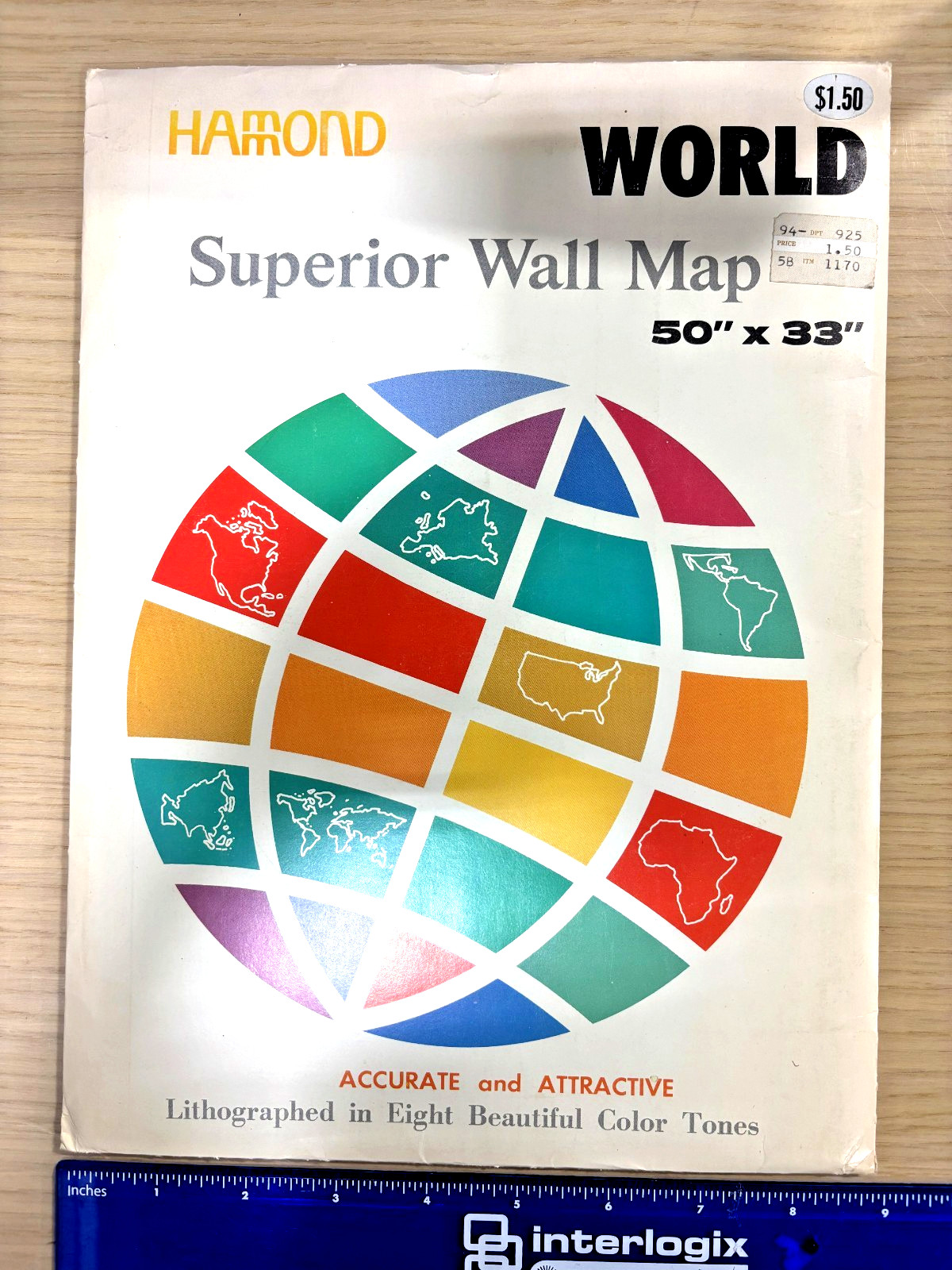Vintage Hammond World Superior Wall Map 50×33 Folded Classroom Geography Map