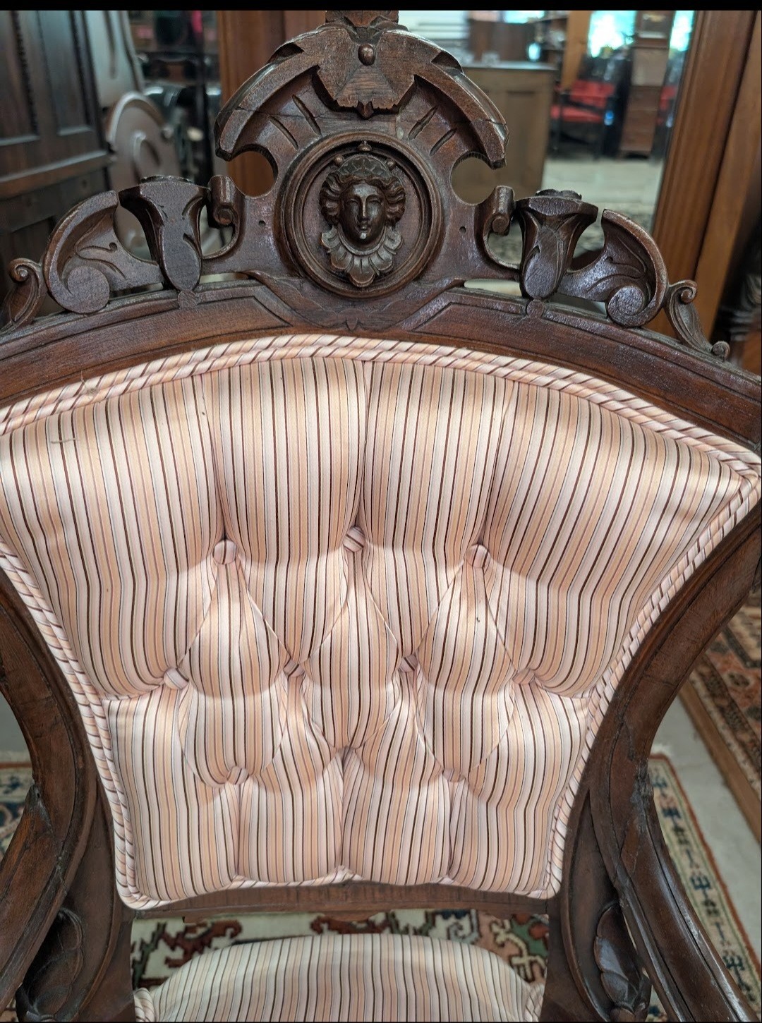 Victorian Carved Walnut Parlor Chair W/Silk Striped Upholstery Belter Style