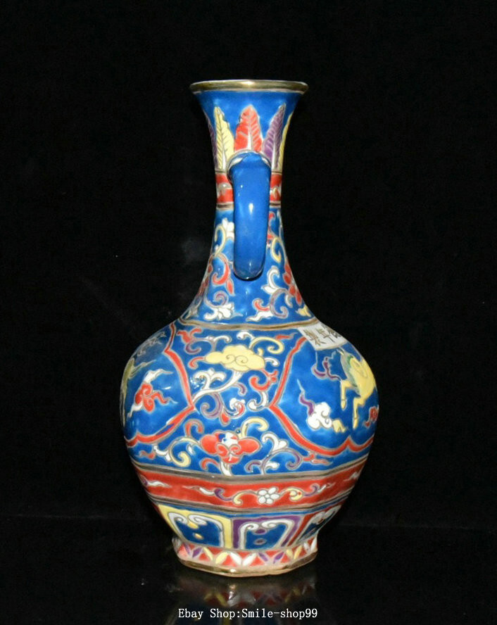 10″ Xuande Wu Cai Porcelain Fengshui Horse Animal Twin Ears Bottle Vase