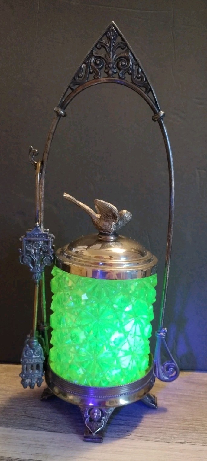 RARE Meriden Victorian Pickle Castor W/Tongs Uranium Vaseline Art Glass Bird Lid