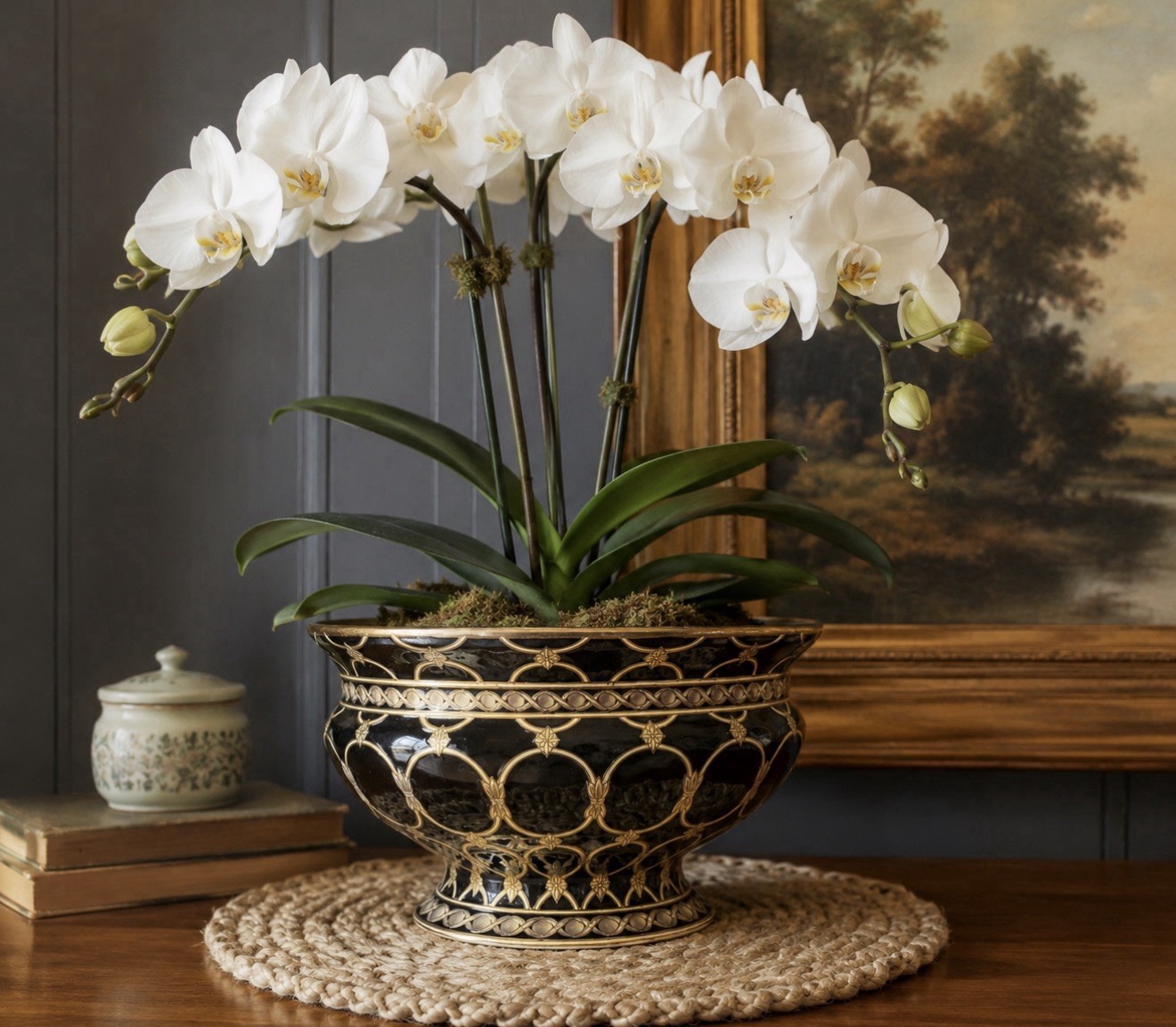 Asian Footed Pedestal Bowl Black & Gold Hand Painted Geometric Planter 12.5”
