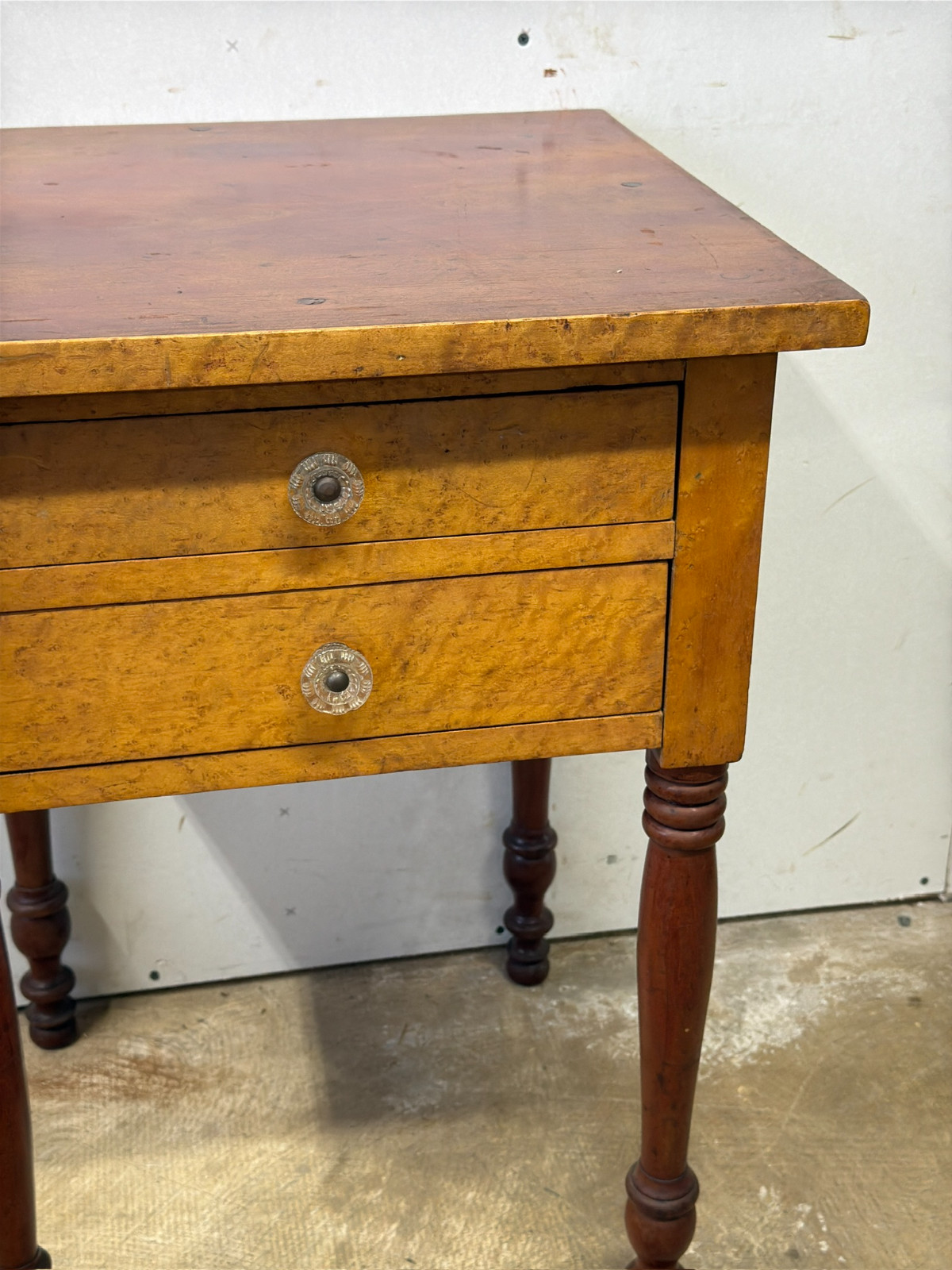 antique Birdseye maple & cherry red wash 2 drawer table stand Country Farm