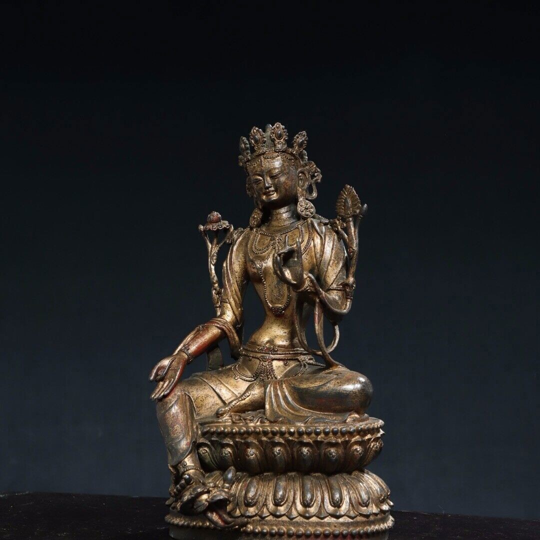12″ China old Tibetan Buddhism temple Bronze gilt Green Tara bodhisattva statue
