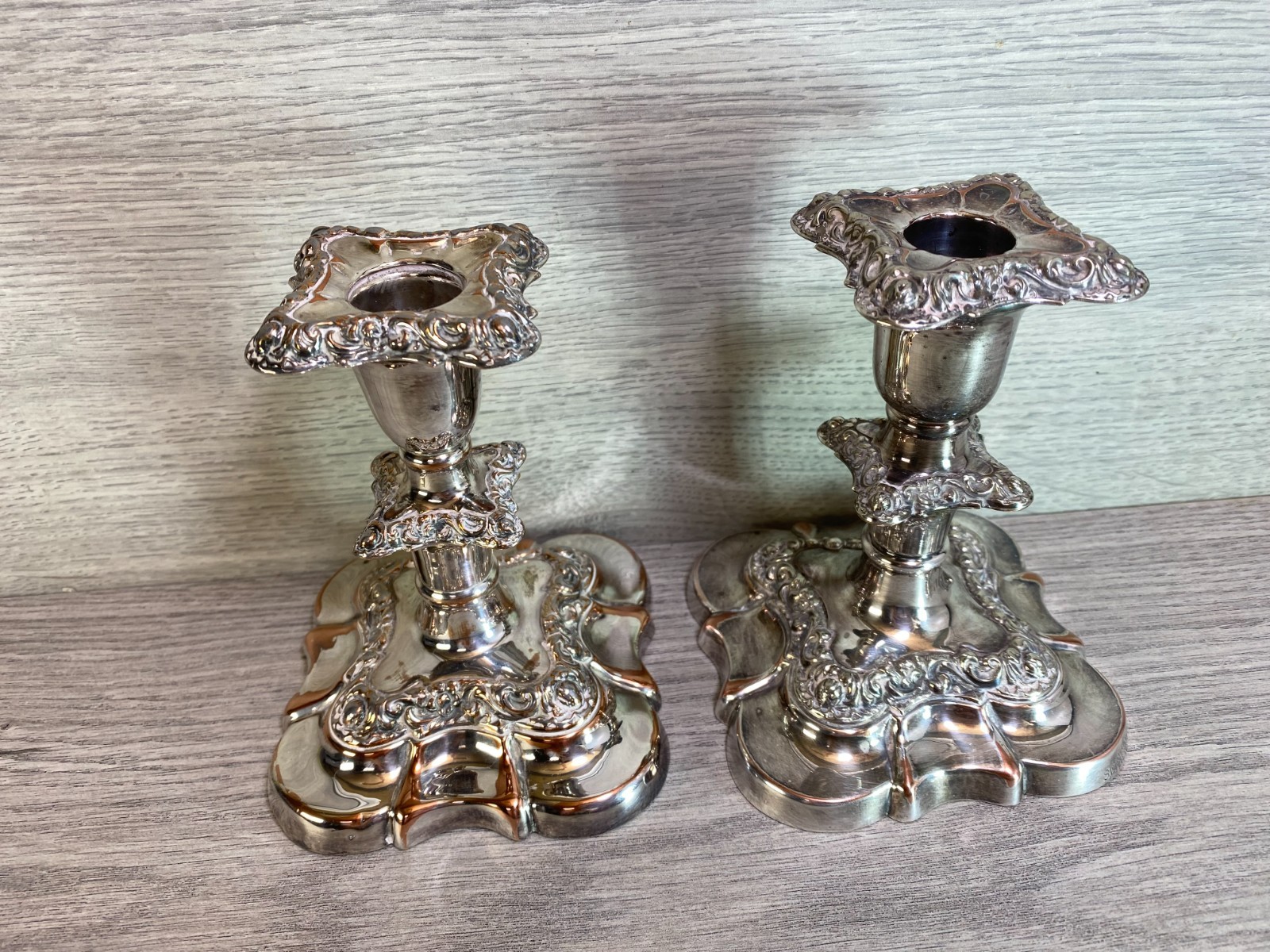 antique pair Silver Plate on copper Candlesticks stamped SL english c1900