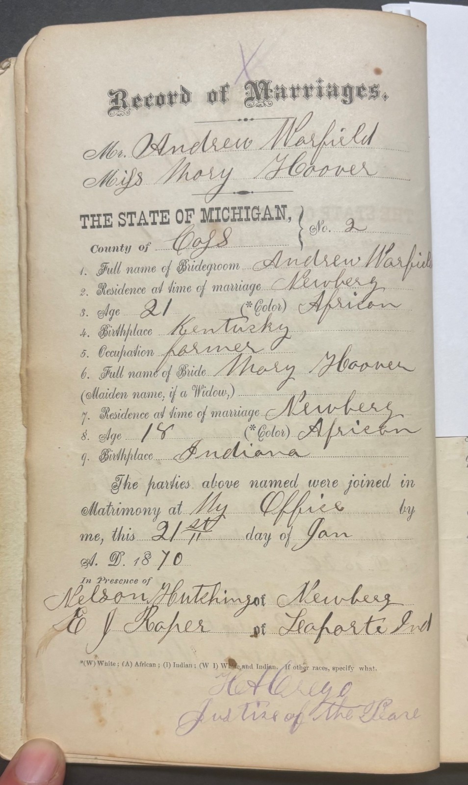 Antique 1869 Cass MICHIGAN Justice of Peace MARRIAGE RECORDS w AFRICAN AMERICANS