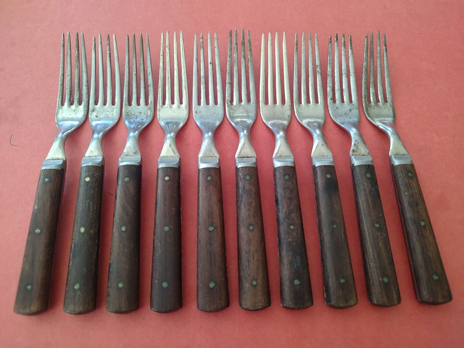 10 Antique Wood Steel/Nickel Plated 4 Tine Forks Brass Pins Civil War Era
