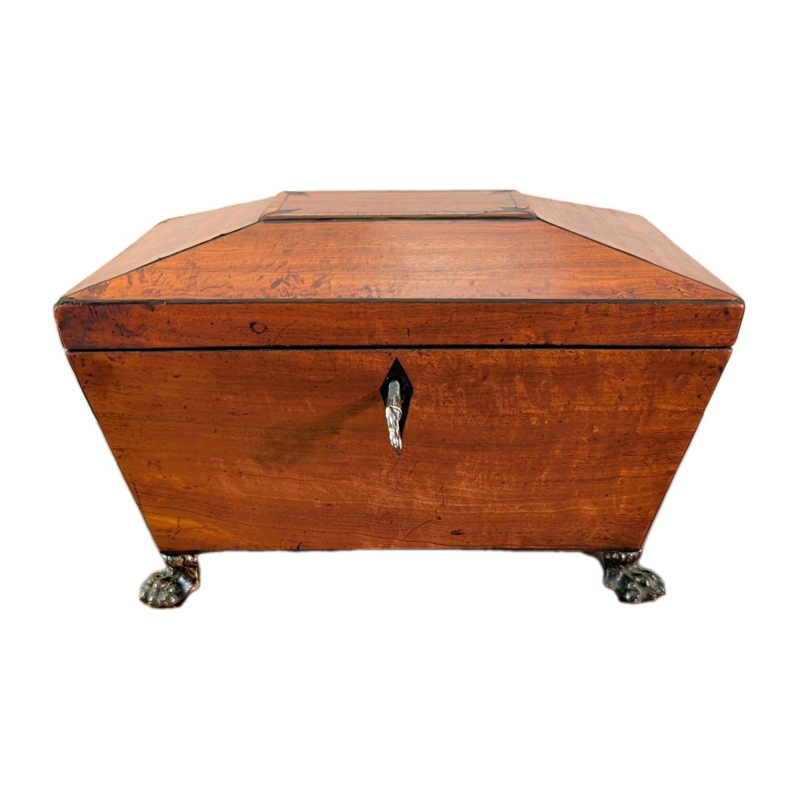 Antique Georgian 1820s Sarcophagus Mahogany Tea Caddy w/ Brass Paw Feet and Key